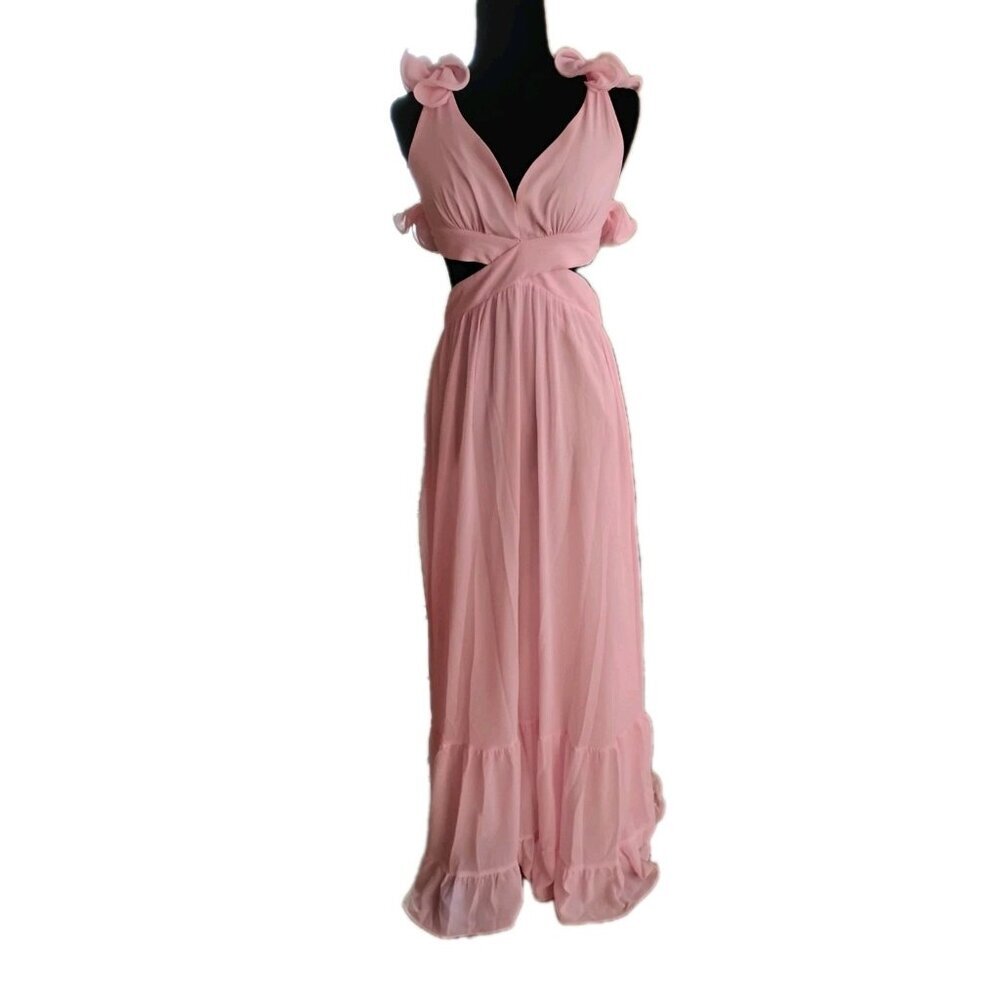 Womens Grecian Maxi Dress Ruffle Hem Strappy Back Wedding Prom Size Small Pink